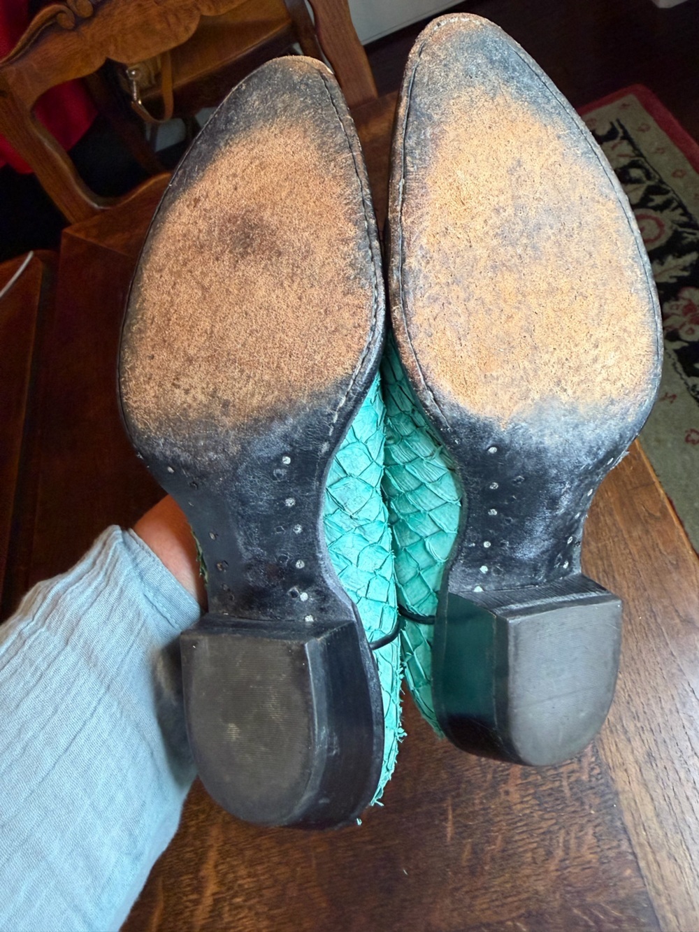 Vintage Tony Lama Sea Bass Exotic Leather Cowboy Boots Teal Black Size 7 - Picture 9 of 11